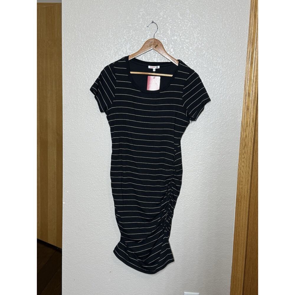 Sundry Ruched Striped Tshirt Dress Size 2 US Medium Black White Evereve